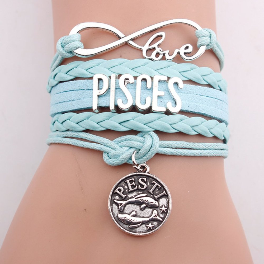 Aqua and Silver Pisces Leather Bracelet
